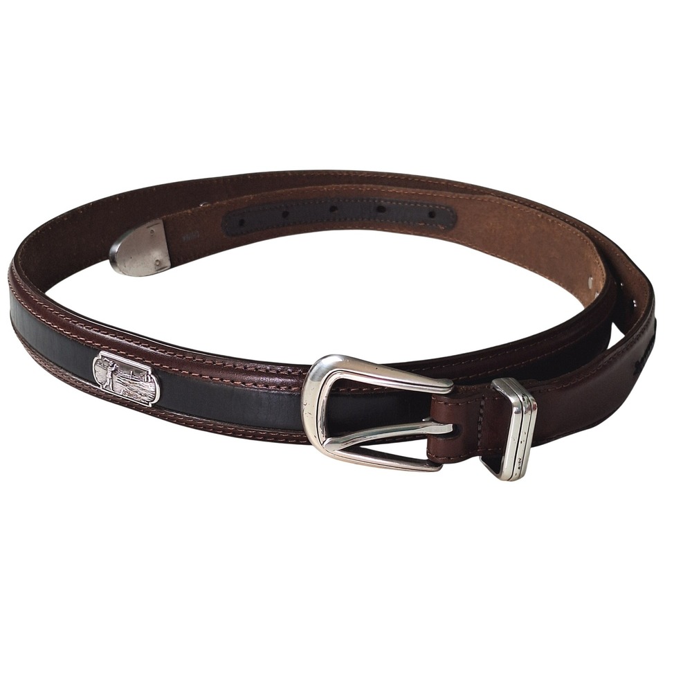 Vtg Brighton Onyx Leather Belt Mens 44 Brown Black Golf Plaque Western Braided‎